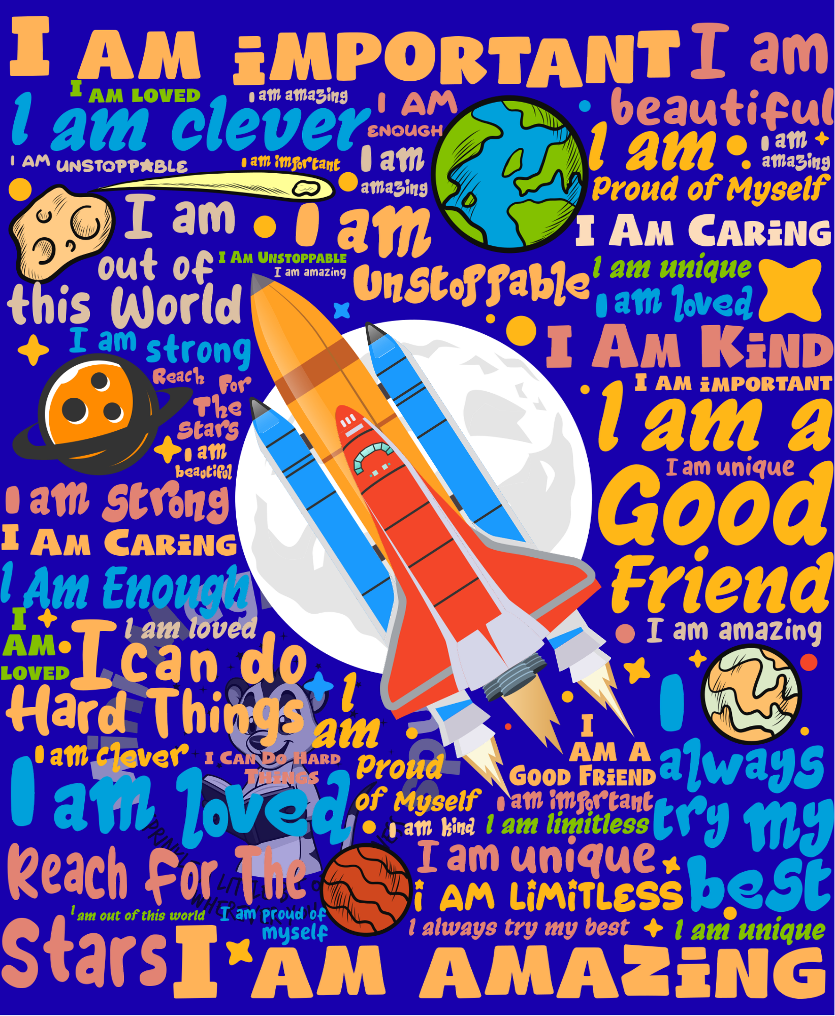 Rocket in Space Positive Affirmations Image. PDF Files.
