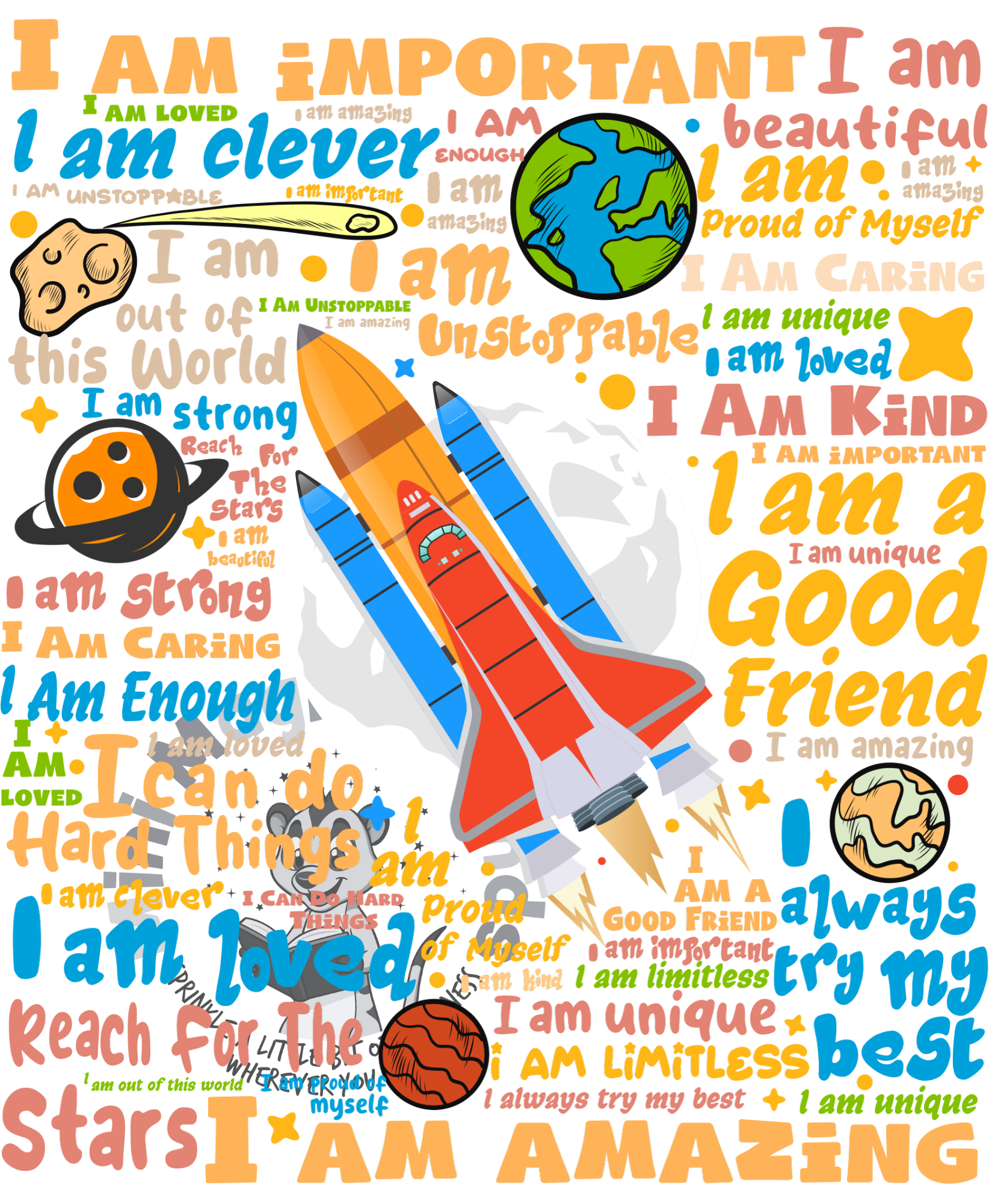 Rocket in Space Positive Affirmations Image. PDF Files.