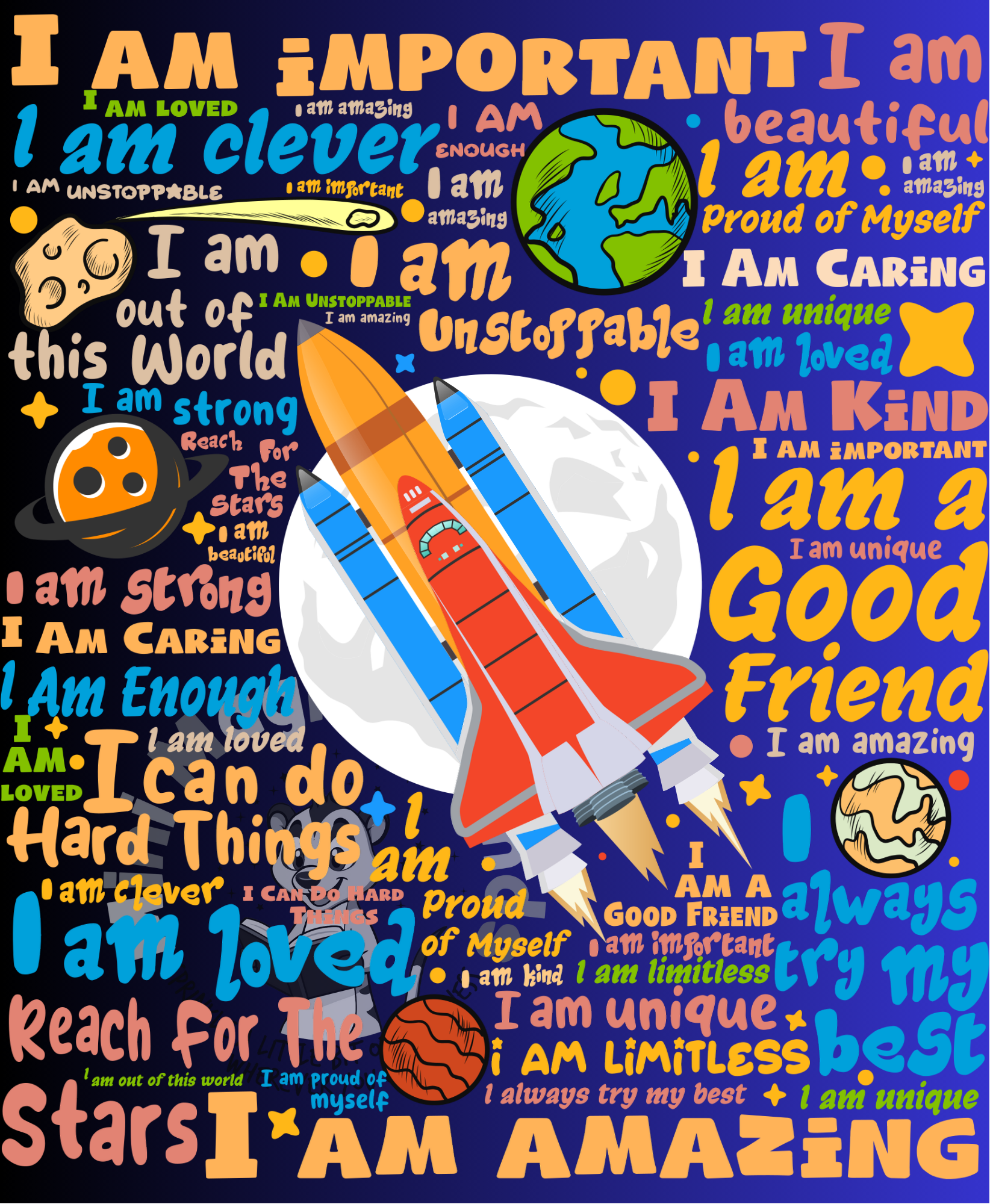 Rocket in Space Positive Affirmations Image. PDF Files.